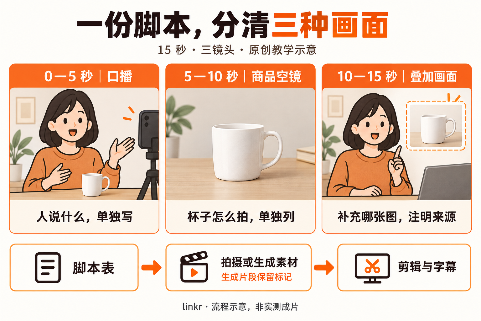 AI 生成教学示意。展示 0—5 秒口播、5—10 秒商品空镜与 10—15 秒人物叠图;镜头与时长为练习设计,尚未制作成片,生成素材保留标记。